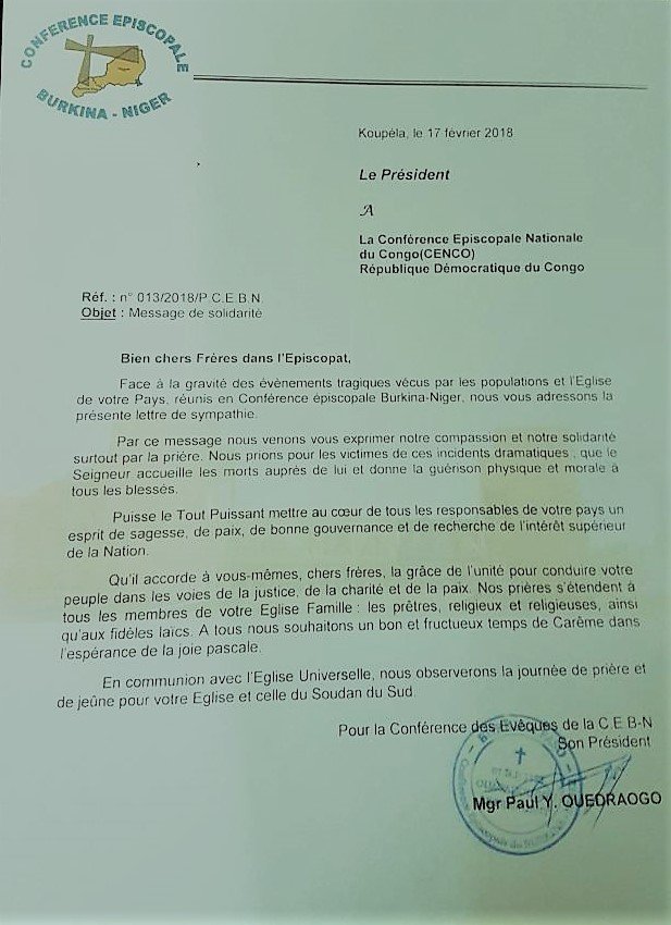 Soutien Conférence Episcopale de Burkina-Niger à la Conférence Episcopale Nationale du Congo (CENCO)